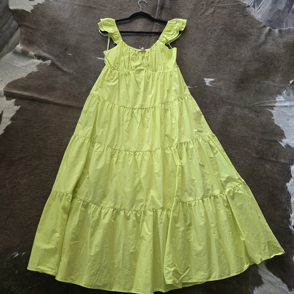 Skies Are Blue Neon Lime Tiered Ruffle Strap Dress